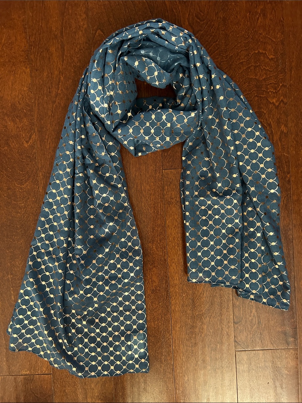 Ganz Blue Lightweight Scarf with a Metallic Gold Circle Pattern, New with Tags